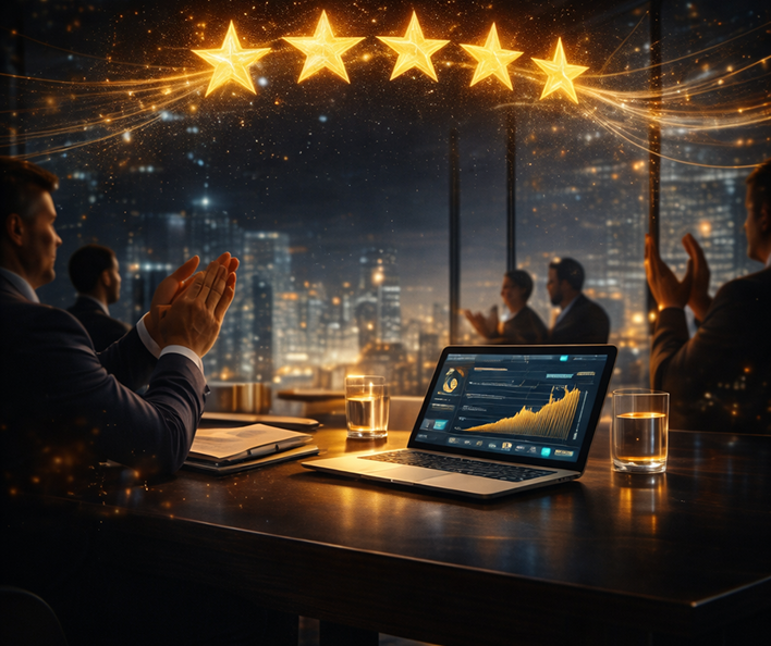 iConquer boardroom with success stars and laptop